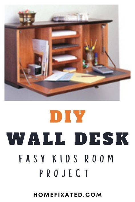 DIY project for your kids room or even your room. Easy directions for a great space saving project. Easy wall desk that anyone can build. Murphy Desk Diy, Diy Wall Desk, Diy Wall Mounted Desk, Murphy Desk, Hidden Desk, Desk Diy, Build A Wall, Desk Plans, Wall Mounted Desk