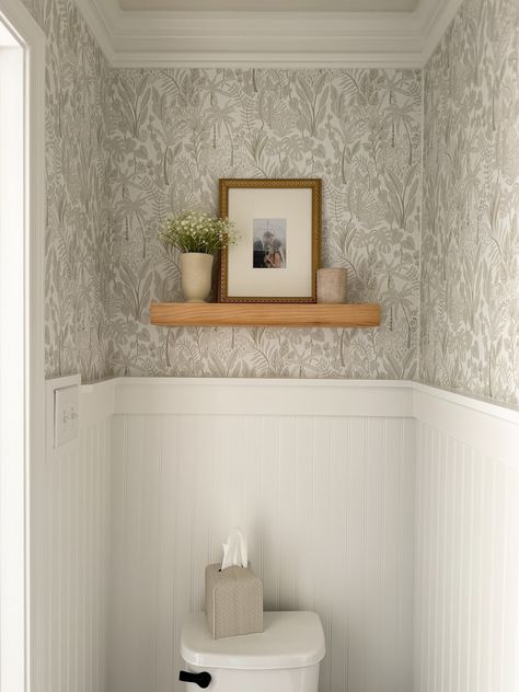 POWDER ROOM TRANSFORMATION || BEADBOARD & WALLPAPER - A Classy Fashionista Half Bath Beadboard, Wallpaper In Powder Room, Beadboard And Wallpaper, Beadboard Half Wall, Diy Powder Room, Wallpaper Powder Room, Small Half Bath, Small Bathroom Wallpaper, Decor Small Bathroom