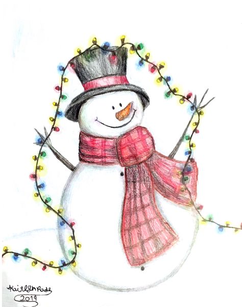 Winter Cartoon Drawing, Christmas Drawing Snowman, Snowman Drawing Ideas, Christmas Sketchbook Ideas, Winter Sketches Simple, Snowman Doodles, Cool Snowman Drawing, Cute Christmas Drawings Easy, Snowman Couple Drawing