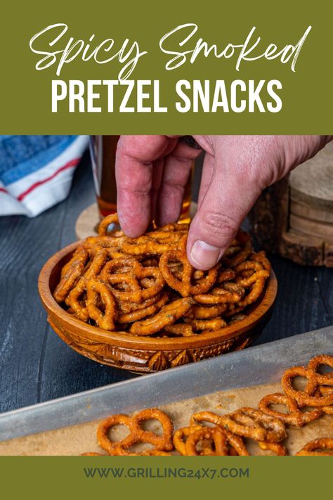 These Spicy Smoked Pretzels make for an incredible snack on game days, for road trips, and for everyday snacking. Game Day Smoker Food, Smoked Pretzels, Smoked Pretzels Recipe, Appetizer Recipes Smoker, Smoked Snacks, Snack Sticks Smoked, Smoked Mixed Nuts In Smoker, Spiced Pretzels, Easy Grilling Recipes