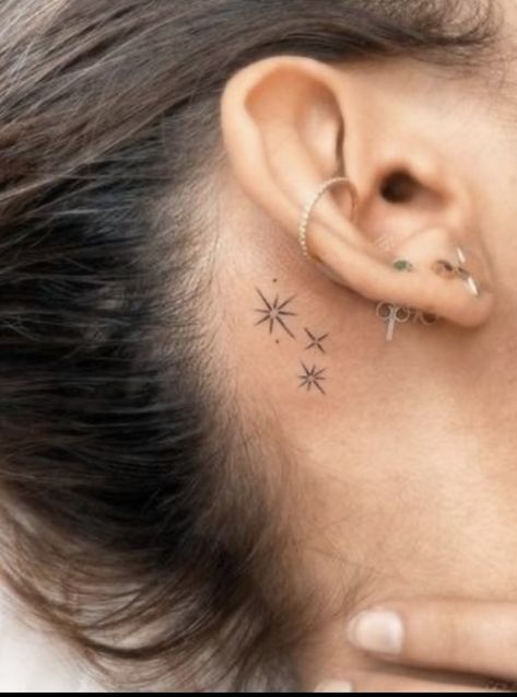 To Do Before Vacation, Star Tattoos Behind Ear, Ear Project, Sparkle Tattoo, Small Star Tattoos, Behind Ear Tattoos, Tato Minimal, Stars Tattoo, Hidden Tattoos