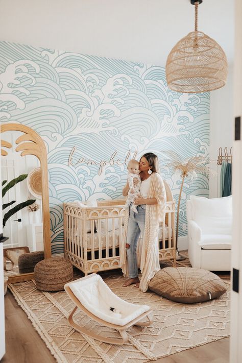 Krista Horton House, Sloan Acrylic Crib Nursery, Plant Wall Nursery, Ocean Gender Neutral Nursery, Under The Sea Nursery Rug, Gender Nuetral Pallete Nursery Boho, Summer Nursery Theme, Hawaii Theme Nursery, Ocean Themes Nursery