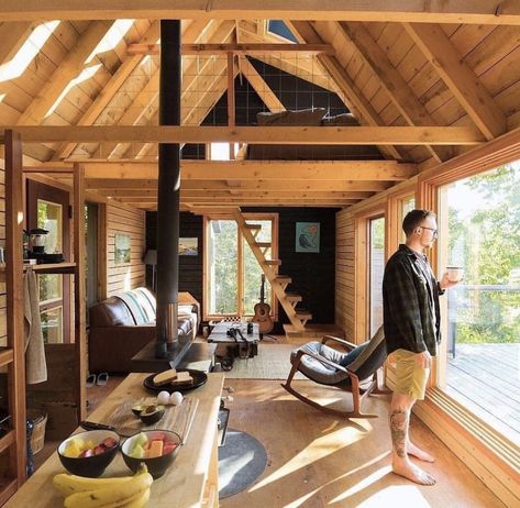 Tiny House Large Windows, Timber Frame Tiny Cabin, Faux Timber Frame Interior, Small Cottage With Loft, Cabin Furniture Ideas, Ravens Home, Diy Tiny House, Tiny House Inspiration, Cabin Interiors