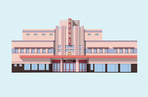 Hotel Plans, Art Deco Drawing, Retro Cinema, Cinema Architecture, Facade Ideas, Miami Art Deco, Planet Coaster, Art Deco Inspiration, Hotel Plan