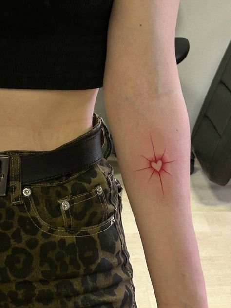 Tattoo Female Arms, Burning Heart Tattoo Traditional, Traditional Korean Art Tattoo, 7 Stars Tattoo, Large Heart Tattoo, Paper Star Tattoo, Black And Red Patchwork Tattoo Sleeve, Unique Cute Tattoos For Women, Spiderman Inspired Tattoo