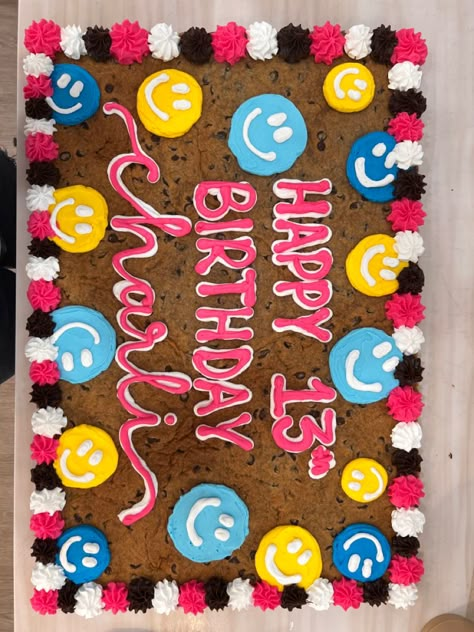 Cookie Cake Designs Ideas, Rectangle Cookie Cake, Smiley Face Cookie Cake, Floral Cookie Cake, Birthday Cookie Cakes, Birthday Cookie Cake Designs, Cookie Cakes Decorated, Cookie Cake Ideas, Cookie Cake Decorating Ideas