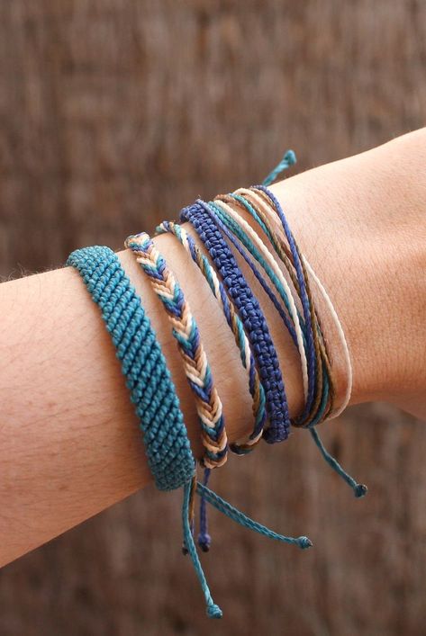 Blue hues surfer macrame bracelets Handmade Bracelets Thread, Thread Friendship Bracelets, Monkey Crafts, Sliding Knot Closure, Bracelet Pack, Summer Bracelet, Surfer Bracelets, Stacking Bracelets, Thread Bracelets