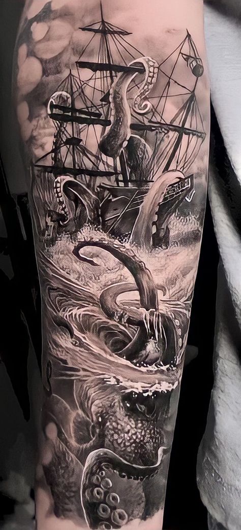 Kraken Tattoos, Pirate Tattoo Sleeve, Tattoo Ideas For Ladies, Sea Tattoo Sleeve, Ship Tattoo Sleeves, Pirate Ship Tattoos, Ocean Sleeve Tattoos, Tattoo Ideas For Guys, Nautical Tattoo Sleeve