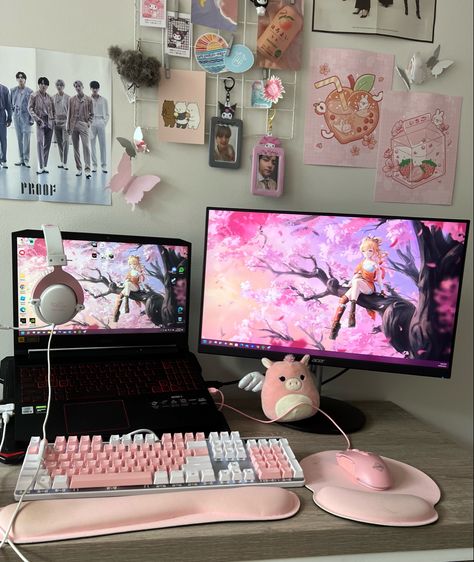 Gaming Setup Laptop And Monitor, Gaming Room Setup Laptop, Gaming Laptop Setup Aesthetic, Pc Setup With Laptop, Monitor With Laptop Setup, Laptop Gaming Aesthetic, Pc And Laptop Setup, Pc Desktop Ideas, Laptop And Monitor Desk Setup Aesthetic