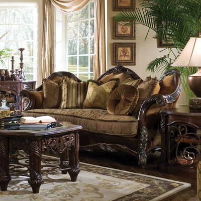 Michael Amini Essex Manor Sofa Classic Furniture Living Room, Victorian Sofa, Victorian Living Room, French Provincial Style, Classic Living Room, Living Room Collections, Wood Trim, French Furniture, A Living Room