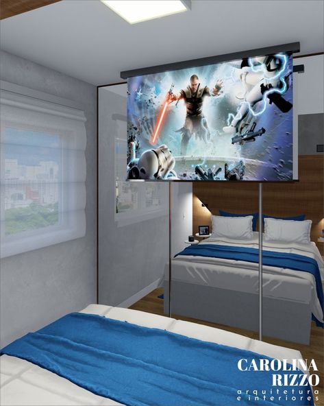 Quarto do Casal - Trouxemos o cinema para cá! 🎬 Tela retrátil com projetor à frente do roupeiro. 💡 Destaque para a iluminação das arandelas em filete, que permitem direcionar o feixe de luz.📍Residencial Helbor Infinite - São Paulo, SP. Flatscreen Tv, Flat Screen, Tv, Electronic Products