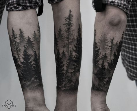 Forearm Forest Tattoo, Forest Tattoo Ideas, Forest Tattoo Sleeve, Forest Forearm Tattoo, Natur Tattoo Arm, Tree Silhouette Tattoo, Tree Sleeve Tattoo, Tattoo Mountain, Tree Tattoo Arm