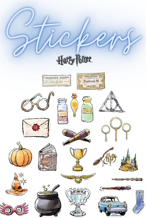 This pack of Harry Potter stickers feature your favorite iconic Harry Potter themes in beautiful watercolor designs! Platform 9-3/4, The Hogwarts Express, Potions, Cauldrons, Hedwig, the House Mascots and more!. Potterfy your laptop, phone, car, skateboard, water bottle and all the gadgets with a little magic! #harrypotter #afflink #pottermore #harrypotterjournalideas Harry Potter Watercolor, Harry Potter London, Polyjuice Potion, Harry Potter Stickers, Watercolor Designs, Harry Potter Theme, Harry Potter Birthday, Hogwarts Express, Sticker Decals