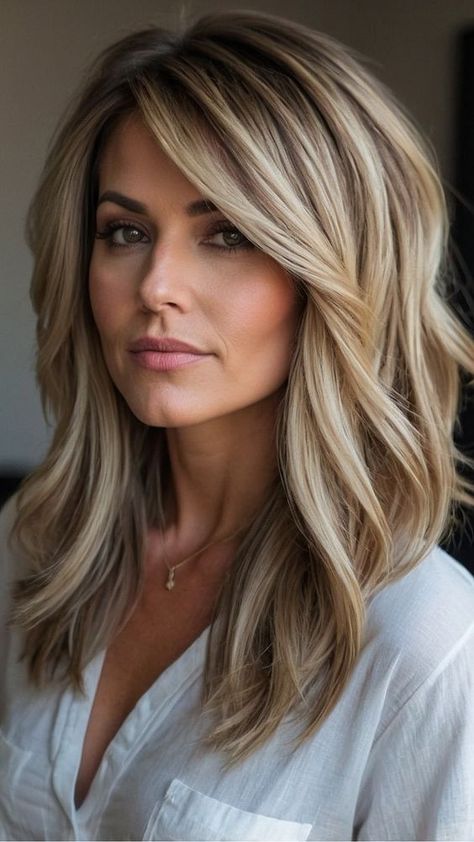 Medium Long Thick Haircut, How To Style My Hair Easy Hairstyles, Medium Length Hair Styles Layers, Latest Medium Length Haircut, Medium Long Blonde Hair With Layers, Women Layered Haircut Medium, Haircuts For Midsize Women, Layered Mom Haircut, Medium Hair With Volume