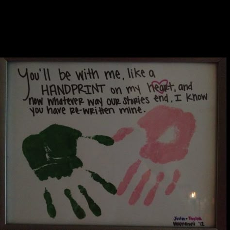 My newest craft! Justin and I put our handprints on a paper on valentines day and I wrote the quote :) Handprint Bf And Gf, Handprint Craft With Boyfriend, Cute Crafts For Couples To Do Together, Couple Hand Print Painting Ideas, Handprint Art Couples, Bf And Gf Hand Print Painting, Couple Hand Print Painting Canvas, Handprint Couple Painting, Couple Paint Handprint