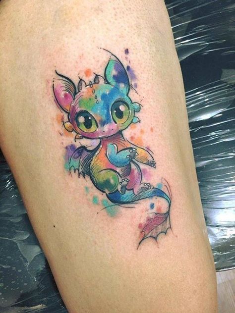 Baby Dragon Tattoo, Watercolor Dragon Tattoo, Toothless Tattoo, Baby Dragon Tattoos, Dragon Tattoo Ideas, Dragons Tattoo, Colorful Tattoo, Japanese Dragon Tattoo, Cat Tattoos