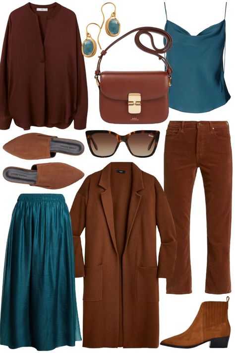 Brown and teal outfits are eye catching and perfect for fall! Sharing an outfit idea & picks in this rich palette to wear now & later. Autumn Aura, Deep Autumn Palette, Autumn Color Palette Fashion, Turquoise Clothes, Warm Fall Outfits, Deep Autumn Color Palette, Teal Outfits, Teal Fashion, True Autumn