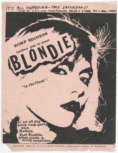 Unknown Designer. Blondie (Flyer for a punk rock party sponsored by Bump Records, Hollywood). 1977 | MoMA Punk Rock Posters, Blondie Poster, Photowall Ideas, Punk Poster, Vintage Music Posters, Arte Punk, Band Poster, Rock Vintage, Music Poster Design