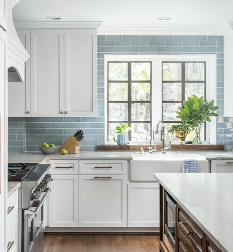 Light Blue Backsplash, Blue Tile Backsplash Kitchen, Blue Backsplash Kitchen, Backsplash Kitchen White Cabinets, Glass Tile Backsplash Kitchen, Backsplash For White Cabinets, Light Blue Kitchens, White Kitchen Backsplash, Blue Backsplash