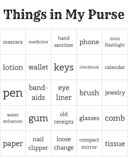 Things in My Purse Purse Party Ideas, Purse Bingo Fundraiser Ideas, Purse Bingo, Strawberry Purse, Mom Purses, Free Bingo Cards, Bingo Party, Swap Party, In My Purse