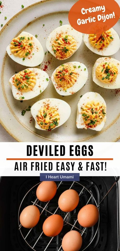 Air fryer devilled eggs with creamy garlic dijon filling! Just hard-boiled eggs in an air fryer, no need for water to boil - quick, easy, delicious! Air Fryer Hard Boiled Egg Recipe, Air Fryer Deviled Eggs, Hard Boiled Egg Recipe, Umami Recipes, Focus Foods, Devilled Eggs, Easter Food Appetizers, Keto Appetizers, Best Keto Meals