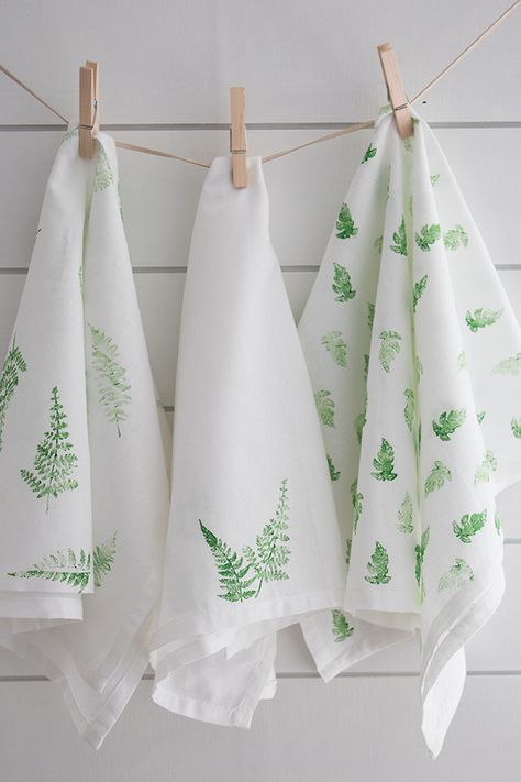 Spring Tea Towels Diy, Diy Stamp Cricut, Block Print Tea Towel Diy, Diy Stamped Tea Towels, Diy Tea Towels Paint, Making Tea Towels, Flower Sack Towel Ideas, Stamped Tea Towels Diy, Hand Painted Tea Towels