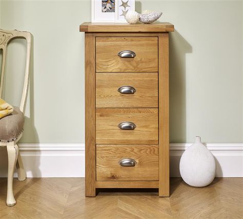 Woburn 4 Drawer Narrow Chest  This Chunky, solid oak range highlights the prominent grain of the wood creating a rustic feel. Providing cup style handles creating versatility within its style, the Woburn range is suitable for a wide range of interior schemes.  Featuring 4 drawers providing plenty of storage, this narrow chest has a tall design to take up less floor space than your average piece of furniture.  Why not re-style your bedroom today! Solid Oak Bedroom Furniture, Narrow Chest Of Drawers, Blue Chest Of Drawers, Mirror Chest Of Drawers, Large Chest Of Drawers, Iron Rose, Natural Bedroom, Oak Bedroom Furniture, Natural Furniture