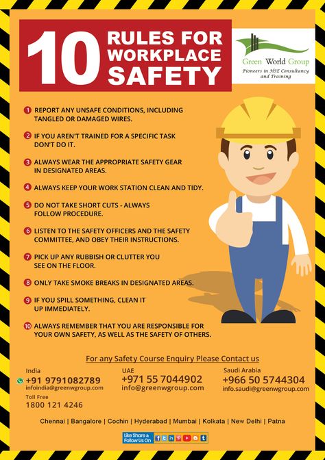 A #workplacesafety culture and these 10 tips can help employers reduce the high cost of work-related injuries and illnesses. The safest type of #workplace is one where all employees are trained on and follow the #safety standards put in place by the organization. Visit Us: http://greenwgroup.co.in/ Workplace Safety Slogans, Safety Pictures, Workplace Safety Tips, Safety Talk, Safety Topics, Heat Safety, Health And Safety Poster, Safety Slogans, Safety Poster