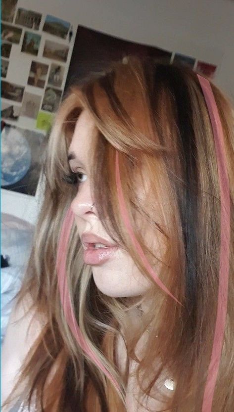 Blonde Hair Color Ideas Pink Highlights, Ginger Hair With Black Streak, Dyed Framing Pieces Hair, Pink Blond And Brown Hair, Brown And Pink Striped Hair, Ginger Blonde And Pink Hair, Pink And Blonde Streaks, Y2k Pink Highlights, Ginger Pink Highlights