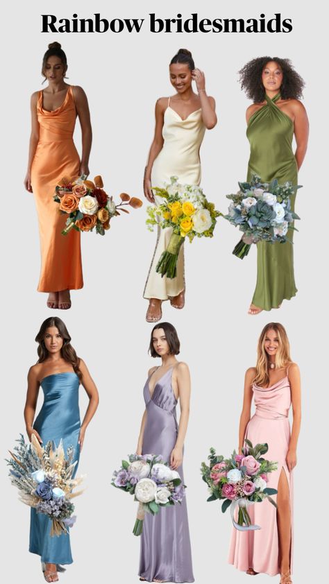 Rainbow bridesmaids dresses 🧡💛💚🩵💜🩷 Bridesmaid Dresses Rainbow, Rainbow Bridesmaid Dresses, Rainbow Bridesmaids, Color Vibe, Guest Attire, Bridesmaids Dresses, Wedding Bridesmaid Dresses, Wedding Bridesmaids, Wedding Inspo