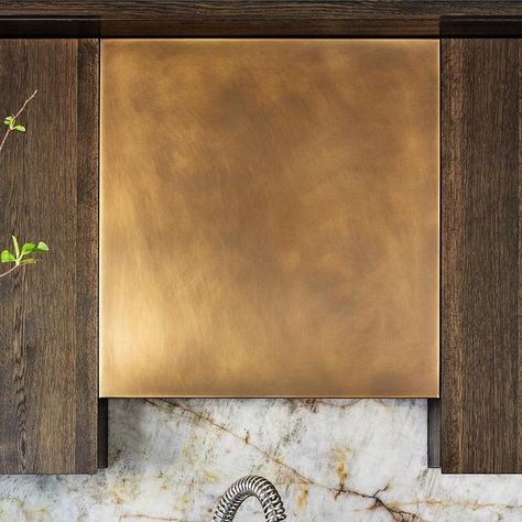 Amuneal on Instagram Stone Cabinets, Bronze Interior, Dark Wood Kitchen Cabinets, Oven Hood, Material Samples, Dark Wood Kitchens, Veneer Door, Bronze Kitchen, Two Tone Kitchen