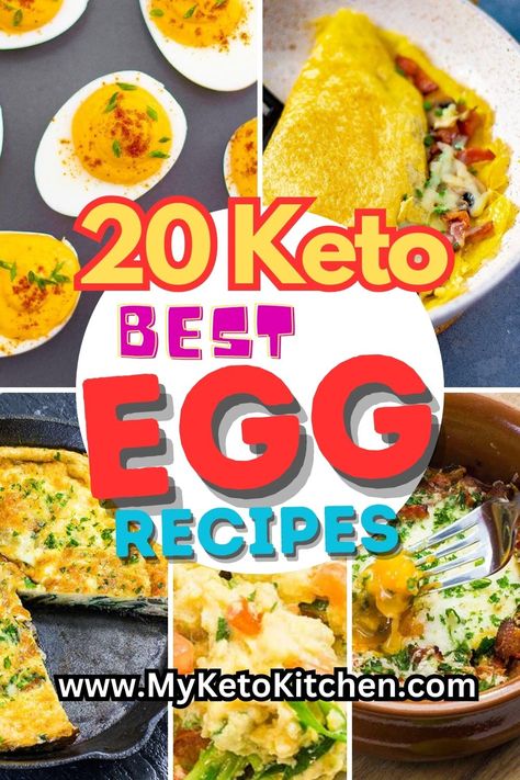 Five images of ket egg recipes, omelet frittata, scrambled eggs, baked eggs, devilled eggs. Keto Egg Recipes, Egg Recipes For Lunch, Low Carb Egg Recipes, Keto Eggs, Meals For Breakfast, Keto Egg Recipe, Best Egg Recipes, Keto Egg Fast, Most Nutrient Dense Foods