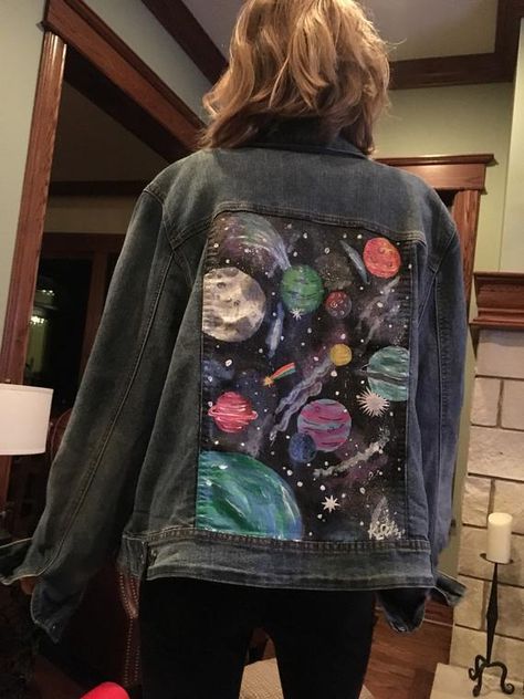 Glow in the dark hand painted space jean jacket | Etsy Jean Jacket Painted, Luna Hale, Jean Jacket Diy, Diy Denim Jacket, Painted Clothes Diy, Hand Painted Denim Jacket, Space Outfit, Black Jean Jacket, Denim Art