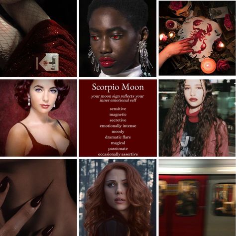 Scorpio Moon zodiac sign mood board and astrology aesthetic Libra Sun Scorpio Moon Aesthetic, Sag Moon Aesthetic, Zodiac Scorpio Aesthetic, Moon In Scorpio Aesthetic, Scorpio Lilith Aesthetic, Scorpio Moon Woman, Scorpio Moon Aesthetic, Scorpio Rising Aesthetic, Aries Sun Scorpio Moon