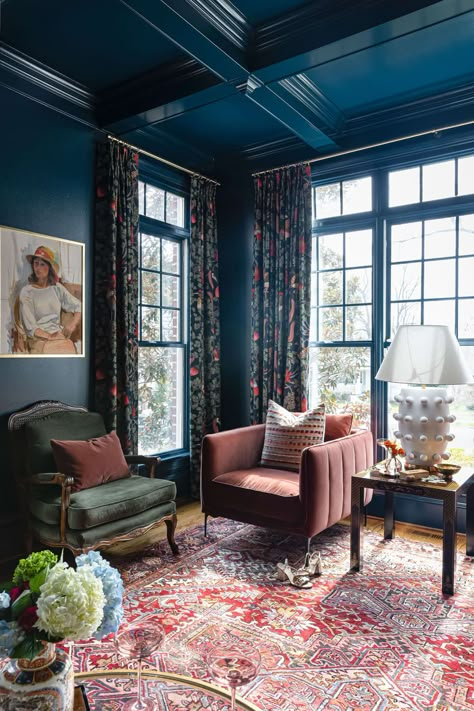 sitting room painted in Farrow & Ball’s Hague Blue Room Design Maximalist, Navy Blue Sitting Room, High Gloss Walls, Blue Wallpaper Living Room, Gloss Walls, Blue Sitting Room, Farrow And Ball Living Room, Navy Blue Paint Colors, Blue Family Rooms