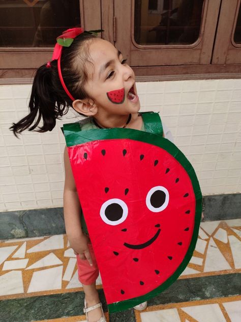 Fruit day fancy dress Fruits Costume Diy, Fruits And Vegetables Fancy Dress Ideas, Watermelon Fancy Dress For Kids, Fancy Dress Fruits For Kids, Fruit Day Activities For Kids, Fruits Fancy Dress For Kids, Diy Watermelon Costume, Fruit Costumes For Kids, Fruit Costume Diy