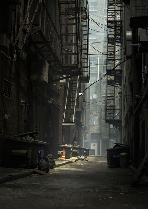 ArtStation - Alley Dark Alleyway Background, Street Background Drawing, Scream Moodboard, Alley Concept Art, Alleyway Photography, City Street Wallpaper, Abandon City, Cyberpunk Alley, Abandoned Street