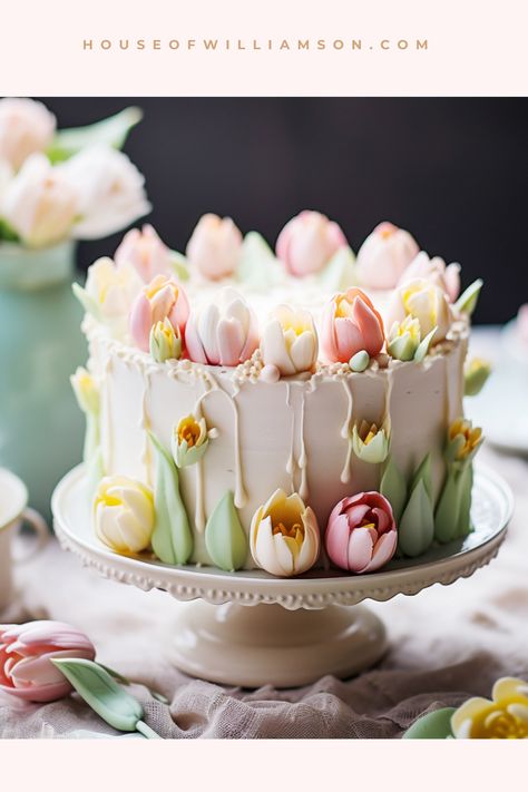 Get ready to make your cakes extra special with this Easter cake decorating idea! Our cake is all about pastel colors and edible tulips made from sugar and fondant. It's the perfect centerpiece for a happy Easter brunch. Let the baking and decorating fun begin! Easter Cake Decorating Ideas, Flower Cake Designs, Easter Cake Decorating, Tulip Cake, Incredible Cakes, Food Decorating, Random Products, Rabbit Cake, Flower Cakes