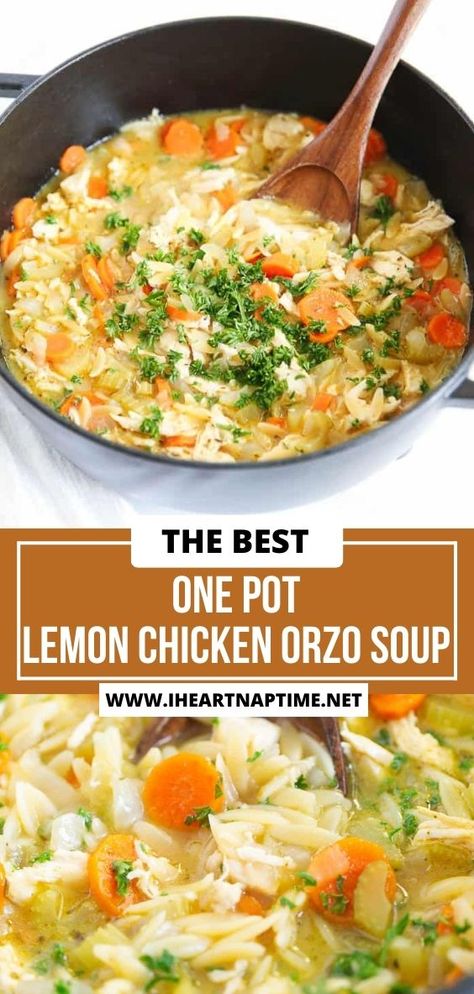 This lemon chicken orzo soup is so comforting made with wholesome ingredients including lemon, chicken and healthy vegetables. It’s easy to make for a weeknight dinner! Chicken Pasta Soup, Healthy Lemon Chicken, Easy Crockpot Soup, Chicken Soup Crockpot, Lemon Chicken Orzo, Orzo Soup Recipes, Healthy Chicken Soup, Greek Lemon Chicken Soup, Lemon Soup