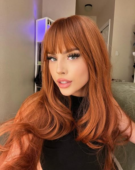 Dark Ginger Hair With Bangs, Ginger With Bangs, Ginger Hair Bangs, Bangs Ginger Hair, Ginger Hair Brown Eyes, Copper Hair With Bangs, Long Red Hair With Bangs, Ginger Bangs, Long Copper Hair