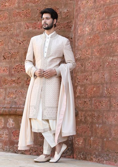 ethnic wear mens ethnic outfit wedding look grooms wear Pastel Sherwani, Sherwani For Men Wedding Royals, Jodhpuri Suits For Men Wedding Royal, Jodhpuri Suits For Men Wedding, Sherwani Groom Wedding, Groom Indian Wedding Outfits, Indian Wedding Suits Men, Sherwani For Groom, Groomsmen Dress