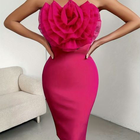 Faster shipping. Better service Hot Pink Dress Outfit Party, Hot Pink Birthday Outfit, Pink Dress Outfit Party, Hot Pink Dress Outfit, Yea Party, Hot Pink Bodycon Dress, Strapless Bodycon Dress, Floral Bodycon, Elegant Party