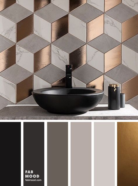 Beautiful rectangle tile shaped in different textures and colors of light grey marble , grey and gold copper from Topps Tiles made this bathroom look so... Copper Colour Palette, Copper And Grey, Copper Bathroom, Compact Bathroom, Gold Color Palettes, House Color Palettes, Grey Bathroom, Color Schemes Colour Palettes, Bathroom Decor Ideas Colors