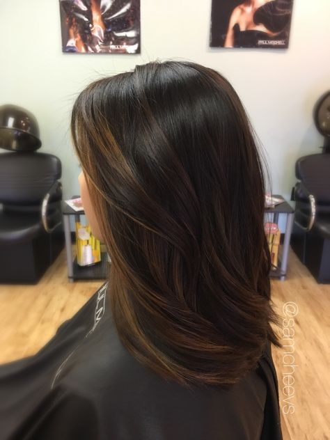 Balayage for dark hair // brown highlights for black hair // Asian - Indian - ethnic hair types // Instagram @samcheevs Black Hair Ombre Balayage Dark Brown, Balayage For Dark Brown Hair Straight Medium, Black To Brown Balayage Short, Best Highlights For Black Hair Short, Highlits For Black Hair, Dark Brown Ombre Hair Medium, Black Short Hair With Highlights, Short Hair Lowlights, Dark Hair Highlights And Lowlights