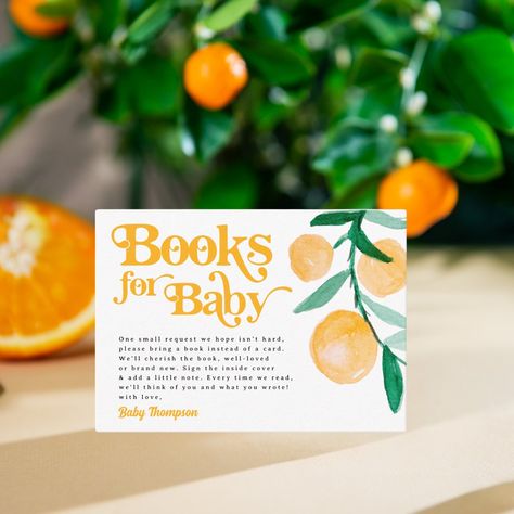 Modern Citrus Orange Retro Books for Baby Shower Enclosure Card Books For Baby Shower, Retro Baby Showers, Citrus Baby, Watercolor Orange, Baby Orange, Orange Baby Shower, Orange Retro, Orange Citrus, Books For Baby