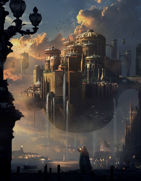 Floating Landscape, Floating Cities, Steampunk Kunst, City Sunset, Floating City, Creation Art, Castle In The Sky, Have Inspiration, Fantasy City