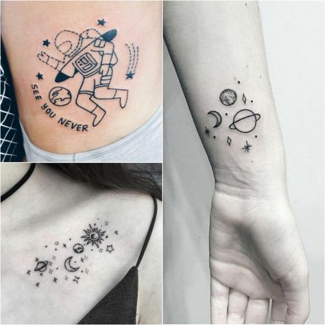 space tattoo - minimalist space tattoos - planet tattoo. Explore more Tattoo ideas on positivefox.com #cosmonauttattoo #minimalistspacetattoos #planettattoo #planettattooideas #rocketshiptattoo #rockettattoo #spacetattooideas #spacetattoossleeve #sunandmoontattoo #ufotattoos Rocket Ship Tattoo, Space Tattoo Ideas, Tattoo Ideas Simple, Planet Tattoo, Rocket Tattoo, Man Tattoo, Planet Tattoos, Muster Tattoos, Rocket Man