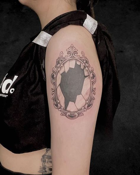 Gothic Cover Up Tattoos, Shattered Mirror Tattoo, Cracked Mirror Tattoo, Black Mirror Tattoo, Rear View Mirror Tattoo, Antique Mirror Tattoo, Black Cover Up Tattoo, Mirror Tattoo Design, Vanity Tattoo