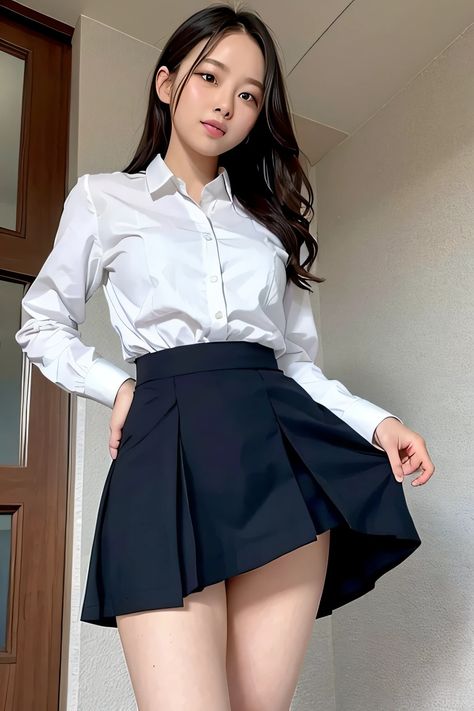 A woman in a white shirt and black skirt posing for a picture - SeaArt AI Skirt Lift Pose, Lifting Skirt Pose, Pleated Skirt Dress, Eye Sketch, Skin Spots, Face Swaps, Skin Blemishes, Pleated Skirts, Portrait Sketches