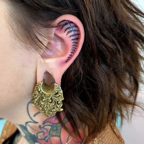 Botanical Ear Tattoo, Mushroom Ear Tattoo, Fern Ear Tattoo, Fern Neck Tattoo, Mandala Ear Tattoo, Small Dark Tattoos, Ear Tattoos Women, Tiny Ear Tattoo, Viking Ear Tattoo